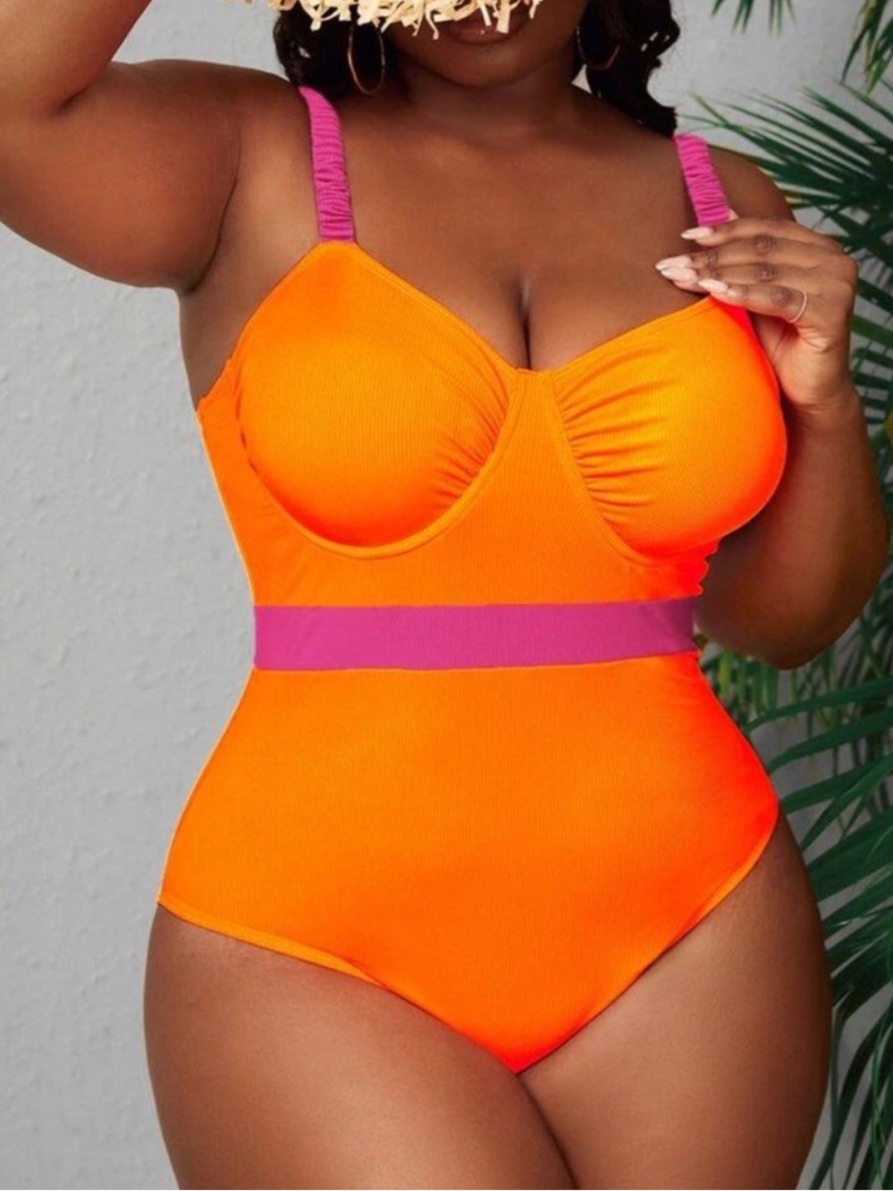SHEIN Slayr Push-up Colorblock Ruched Swimsuit Orange and Pink 3XL (18)
